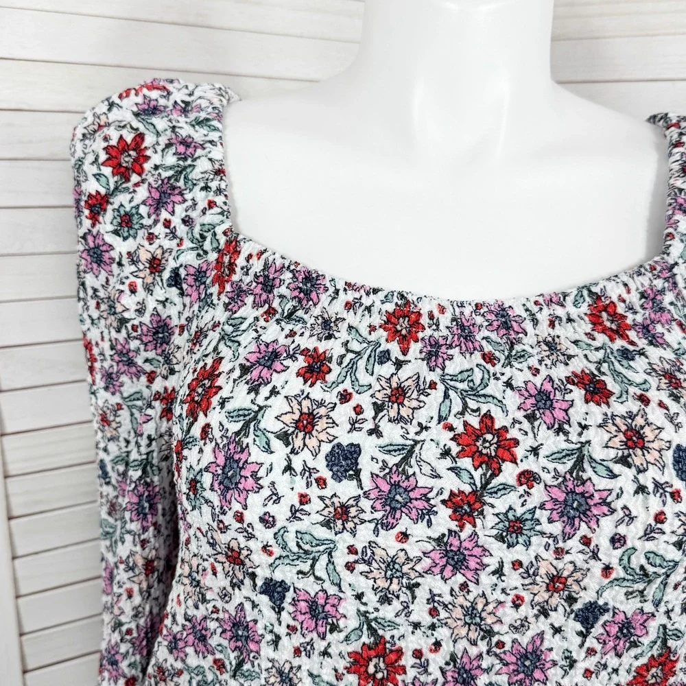 Loft Bloom Floral Textured Smocked Stretch Square Neck Top‎ White Multi Large